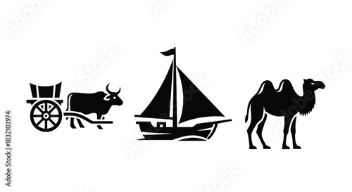 Transportation methods vector icons camel boat and ox cart