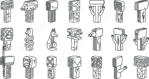 A collection of stylized animal and abstract symbols in black and white geometric vector style, suitable for cultural design projects