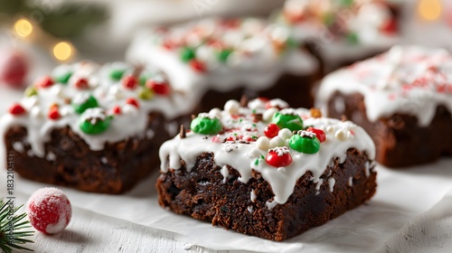 Festive Christmas brownies with white icing and colorful holiday sprinkles