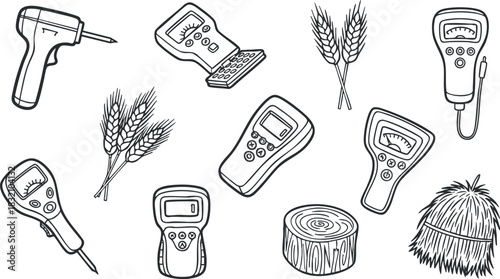 A collection of agricultural measuring tools and devices in black and white outline vector style, ideal for farming and technology projects