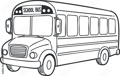A school bus illustration in black and white outline style, perfect for educational materials and children's content