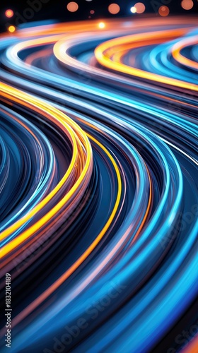 Abstract image of flowing lines in blue and orange colors, representing energy and data flow.