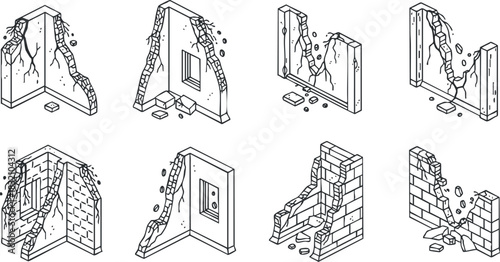 A collection of damaged wall illustrations in linear outline vector style, suitable for construction and renovation projects