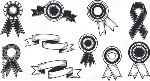 A collection of decorative award ribbons and banners in black and white outline vector style, suitable for achievement recognition and event branding