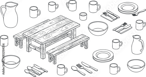 A minimalist outline illustration of a wooden dining table surrounded by various utensils, plates, and cups in a clean vector style, perfect for restaurant and kitchen design
