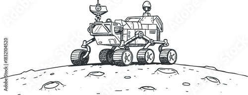 A lunar rover illustration in black and white outline vector style, suitable for educational materials and space-themed projects
