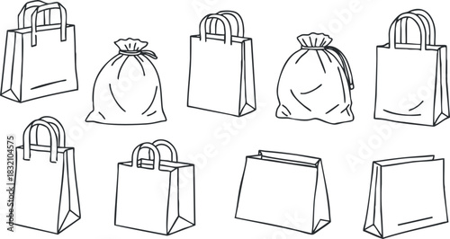 A collection of various bag designs including shopping bags, gift bags, and sacks in minimalist outline vector style, perfect for retail branding and packaging.