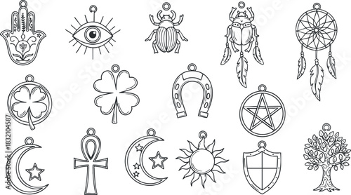 A collection of mystical symbols and charms including hamsa, eye, scarab, and dreamcatcher in black and white outline vector style, suitable for spiritual and decorative designs