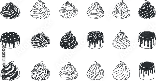 A collection of dessert icons featuring whipped cream, frosting, and chocolate drizzles in black and white minimalist vector style, perfect for bakery branding or food-related projects