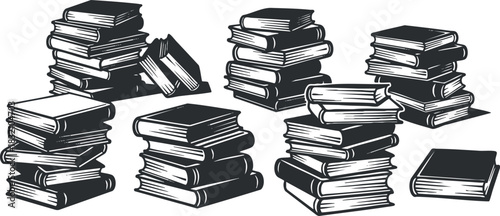 A collection of stacked books in a detailed black and white vintage vector style, ideal for educational projects and literary themes
