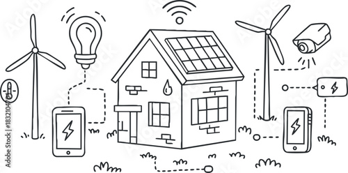 A smart home with solar panels and wind turbines in an outline vector style, ideal for renewable energy projects