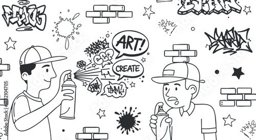 A scene depicting two characters engaged in graffiti art with spray paint in a black and white vector style, perfect for urban art projects