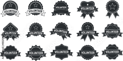 A collection of volunteer badges and icons in black and white vector style, suitable for community service promotions and recognition events