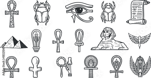 A collection of Egyptian symbols including ankh, scarab, eye of Horus, and pyramids in black and white outline vector style, ideal for cultural design projects