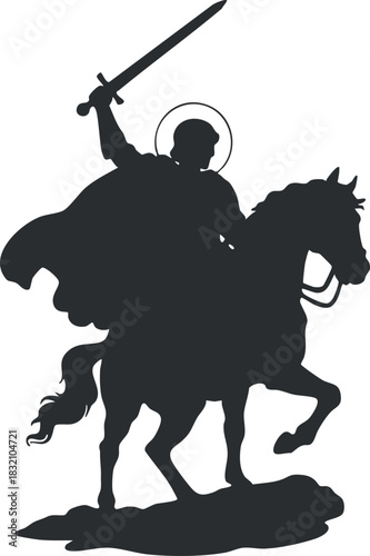 A silhouette of a knight on horseback raising a sword in black vector style, ideal for medieval-themed designs