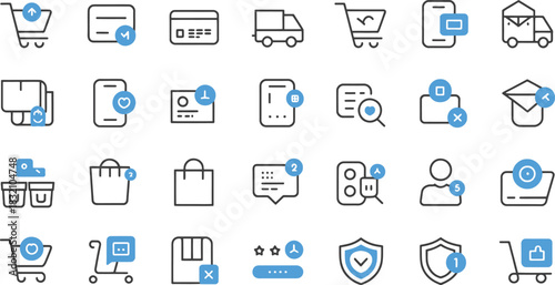 Ecommerce, Shopping Cart, Delivery, Payment, Wishlist & Notification Outline Icon Set – Vector EPS