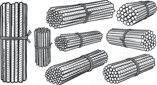 A set of hand-drawn wooden sticks and bundles in black and white outline vector style, suitable for crafting and nature-themed designs