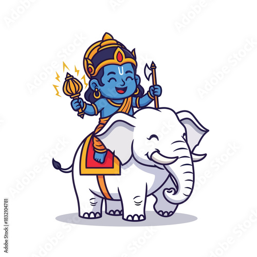 Adorable cartoon illustration of happy Lord Krishna riding an elephant, exuding joy and cultural charm for kids books and educational materials