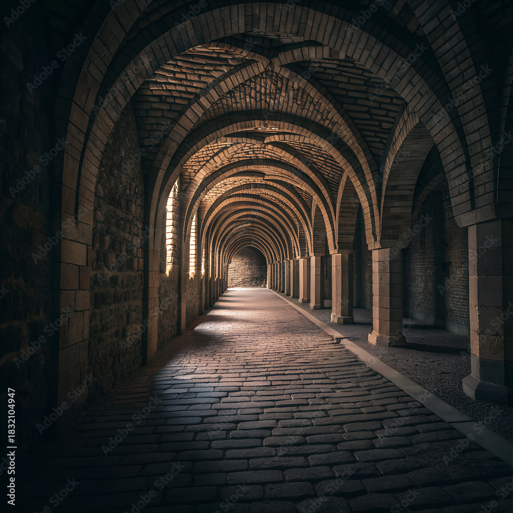 Fototapeta premium Ancient Stone Archway Hallway Perspective with Dim Light