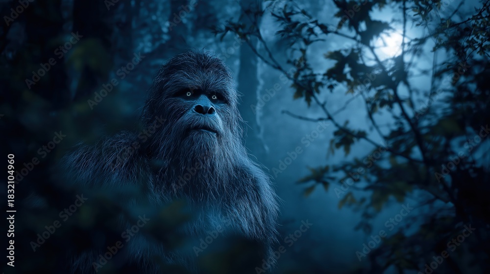 Obraz premium Moonlit Sasquatch Emerging Through Forest Mist