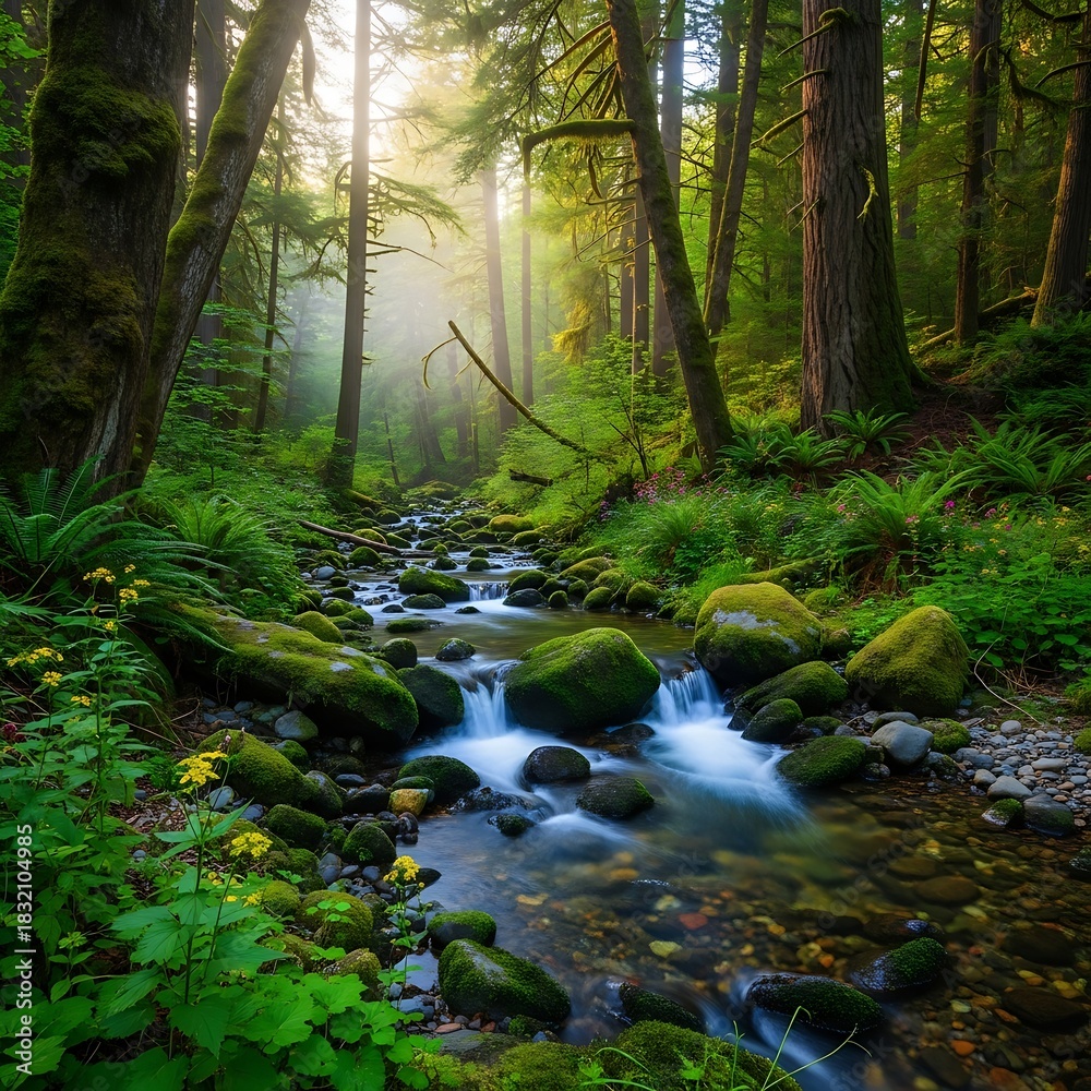 Obraz premium A serene woodland scene showcases a stream flowing between moss-covered rocks and lush greenery, under dappled sunlight