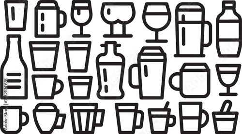 Assortment of drinkware icons including cups glasses and bottles wine glass goblet