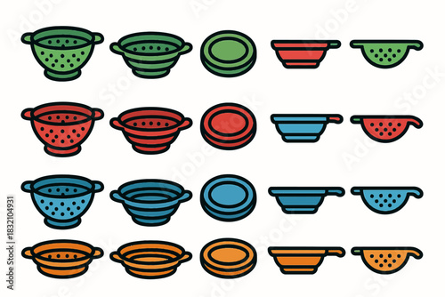 Colorful kitchen colanders and bowls collection in various designs and perspectives