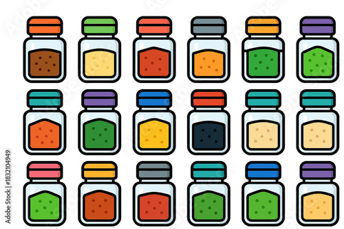 Colorful spice jars displayed in grid pattern on white background