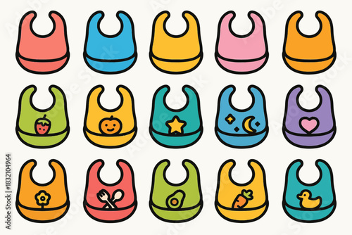 Colorful baby bibs with cute icon designs in pastel palette