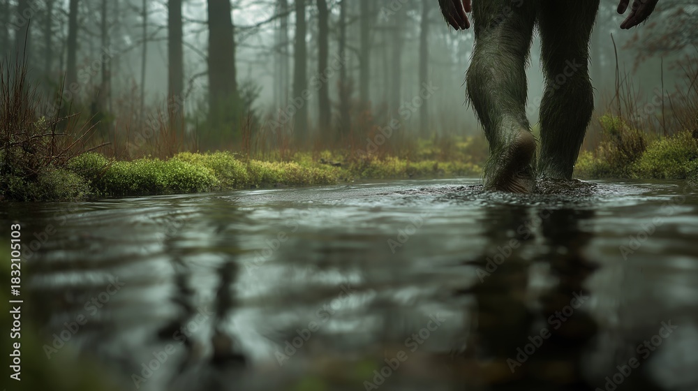 Naklejka premium Mysterious Creature Crossing Foggy Forest Stream