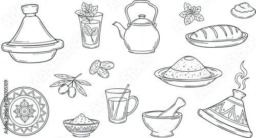 A collection of Moroccan cuisine elements including tagines, tea pots, spices, and traditional dishes in outline vector style, ideal for culinary designs