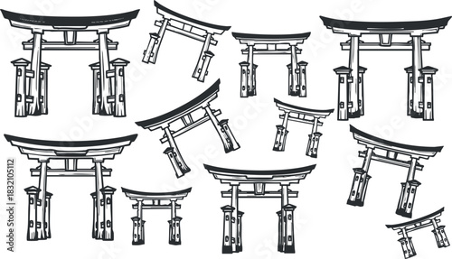 A collection of traditional Japanese torii gates in clean black outline vector style, ideal for cultural designs and illustrations