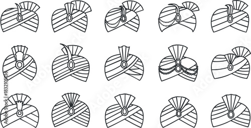 A collection of traditional headwear in black and white outline vector style, suitable for fashion design and textile patterns