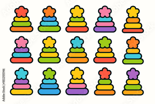 Colorful stacked ring toys with star topper in various bright colors