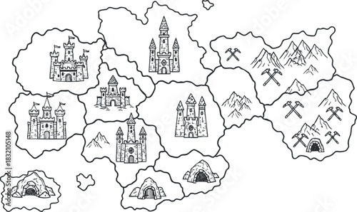 A collection of castles and mountains in black and white outline vector style, perfect for fantasy map design
