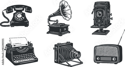 A collection of vintage communication devices including a telephone, typewriter, gramophone, camera, and radio in black and white vector style, perfect for retro-themed projects