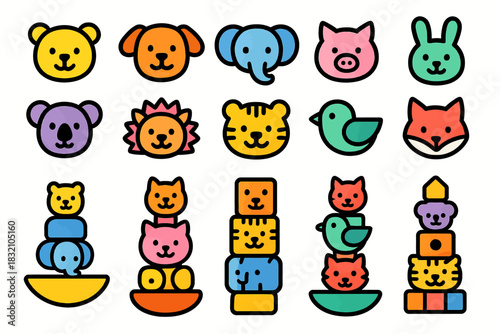 Colorful animal faces and stacked toy blocks for kids’ fun