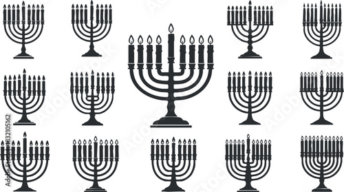 A collection of menorahs in black and white minimalist vector style, ideal for Hanukkah decorations and religious themes
