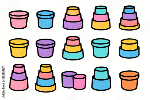 Colorful stacked and nested containers in pastel shades