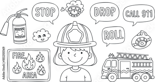 A playful firefighter character with safety tips including stop, drop, and roll in black and white cartoon vector style, ideal for educational materials