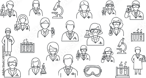 A collection of scientist icons featuring laboratory equipment and professionals in black and white outline vector style, perfect for educational materials and scientific publications