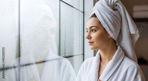 A serene young woman, enveloped in a white robe and towel, gazes dreamily out a window reflecting her image