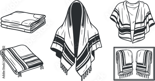 A collection of various textile designs including folded blankets and stylish shawls in black and white outline vector style, perfect for fashion and home decor projects
