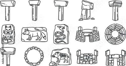 A collection of stone carvings featuring animals and symbols in black outline vector style, suitable for historical and cultural designs