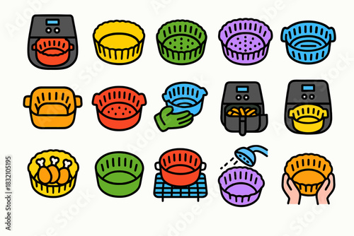 Colorful air fryer accessories and cookware illustrations