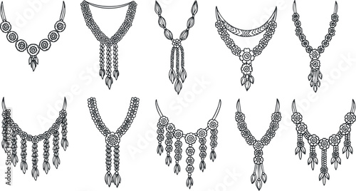 A collection of decorative necklace illustrations in black and white line art style, perfect for fashion design projects
