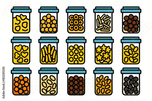 Assorted cookies and snacks in jars with blue lids in grid pattern