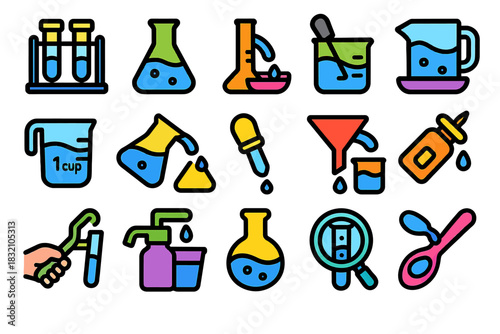 Colorful chemistry icons illustrating various laboratory equipment and experiments