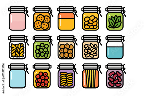 Colorful variety of jarred foods and ingredients in simple iconic design