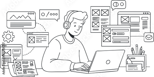 A person working on a laptop in a minimalist outline style, surrounded by web design elements, ideal for digital workspace themes